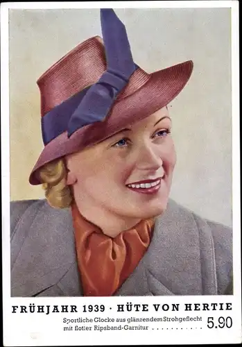 Ak Hertie Warenhaus, Hutmode Frühjahr 1939, Hüte, sportliche Glocke aus Strohgeflecht, Ripsband