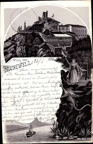 Litho Königswinter am Rhein, Drachenfels, Drache, Flusspartie, Hotel