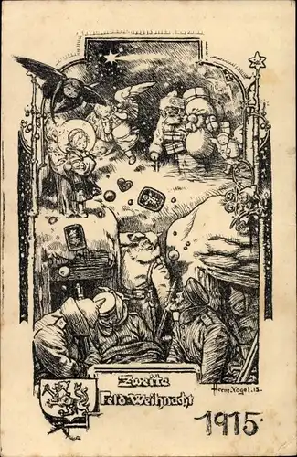 Künstler Ak Frohe Weihnachten, Feldweihnacht 1915, Soldaten im Unterstand, Weihnachtsmann, Engel