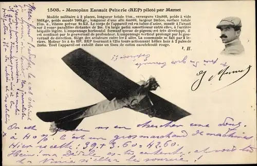 Ak Monoplan Esnault Pelterie, pilote par Mamet, Pilot, Flugzeug