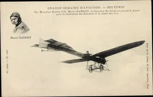 Ak Grande Semaine d'Aviation, Marcel Hanriot sur Monoplan Hanriot, Aéroplane, Flugzeug, Pilot