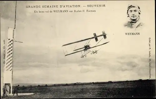 Ak Grande Semaine d'Aviation, Un beau vol de Weymann, Biplan H. Farman, Flugpionier