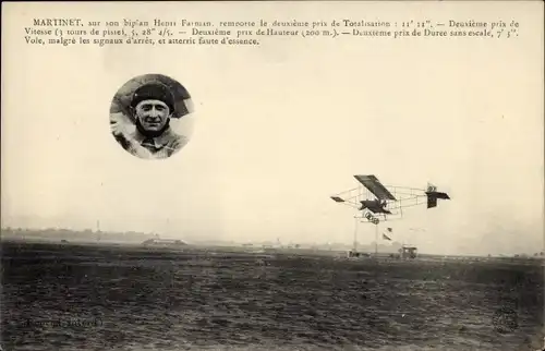 Ak Martinet sur son Biplan H. Farman, Flugpionier, Pilot, Flugzeug