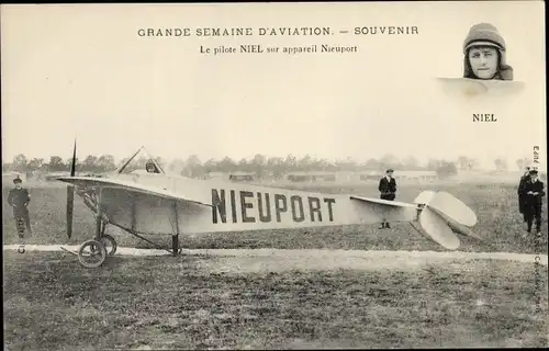 Ak Grande Semaine d'Aviation, Souvenir, le pilote Niel sur appareil Nieuport, Pilot, Flugzeug