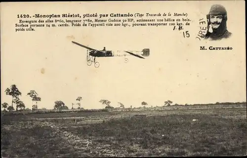 Ak Monoplan Bleriot, pilote par Cattaneo, Type Traversee de la Manche, Pilot, Flugzeug