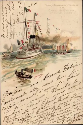 Künstler Litho Französisches Kriegsschiff, Contre Torpilleur a Escadre, Type Cassini Casabianca