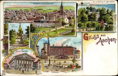 Litho Aachen in Nordrhein Westfalen, Panorama, Lousberg m. Belvedere, Rathaus, Stadttheater, Denkmal