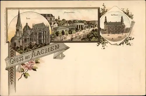 Litho Aachen in Nordrhein Westfalen, Dom, Elisenbrunnen, Rathaus