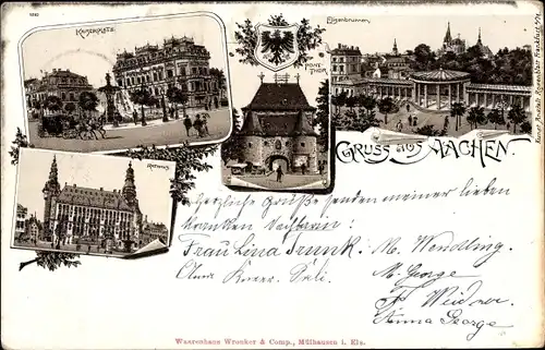 Litho Aachen, Kaiserplatz, Rathaus, Elisenbrunnen, Pont Tor
