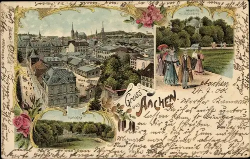 Litho Aachen, Lousberg m. Belvedere, Karlshöhe, Stadtansicht
