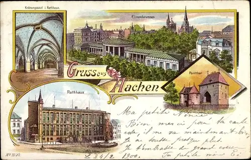 Litho Aachen, Rathaus, Elisenbrunnen, Ponttor