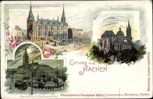 Litho Aachen, Rathaus, Marktplatz, Dom, Kaiserplatz, Adolbertskirche