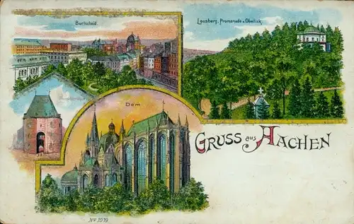 Litho Ak Aachen in Nordrhein Westfalen, Burtscheid, Lousberg, Promenade, Obelisk, Dom, Tor