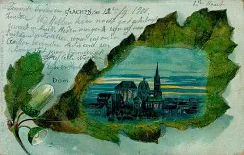 Eichenblatt Passepartout Litho Aachen in Nordrhein Westfalen, Dom bei Nacht