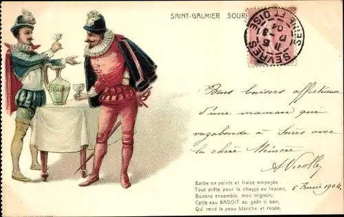 Ak Saint Galmier Loire, Source Badoit, Reklame, Barbe en pointe et fraise empesee