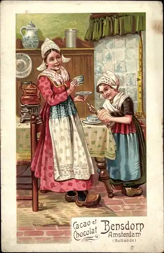 Litho Frau Mädchen in niederländischen Trachten, Reklame, Cacao Bensdorp, Amsterdam