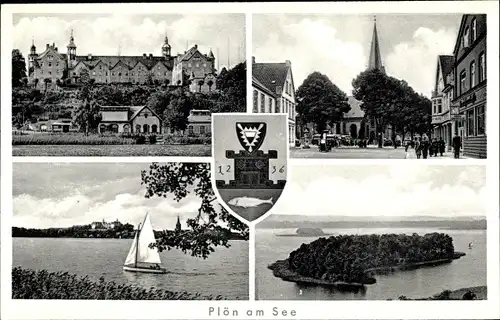 Ak Plön am See in Schleswig Holstein, Wappen, Stadtbild, Uferpartie, Insel