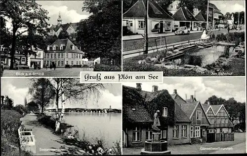 Ak Plön am See Holstein, Schloss, am Bahnhof, Seepromenade, Gänselieselbrunnen