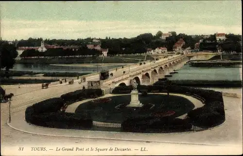 Ak Tours Indre et Loire, Le Grand Pont et le Square de Descartes