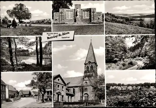 Ak Meerhof Marsberg im Sauerland, Kirche, Denkmal, Schäfer mit Herde, Landschaft, Ortspartie