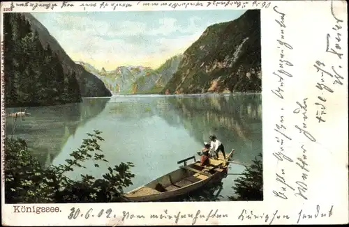 Litho Schönau am Königssee Oberbayern, Blicküber den See, Paar im Boot