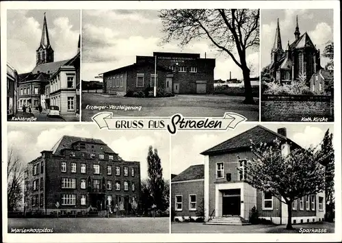 Ak Straelen Niederrhein, Kuhstraße, Erzeuger Versteigerung, Kath. Kirche, Marienhospital, Sparkasse