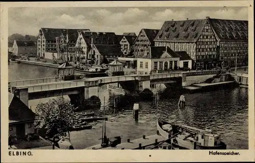 Ak Elbląg Elbing Westpreußen, Hafenspeicher, Brücke