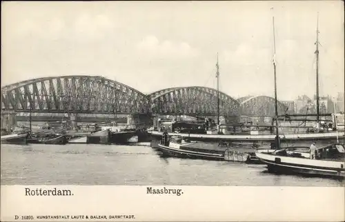 Ak Rotterdam Südholland Niederlande, Maasbrug, Brücke und Frachtschiffe