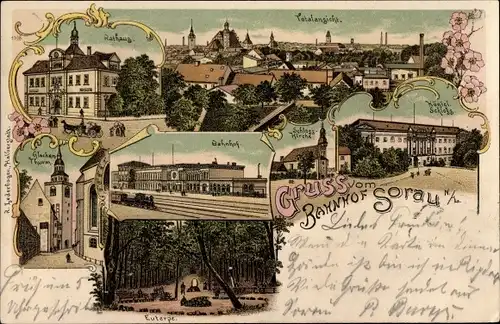 Litho Żary Sorau Niederlausitz Ostbrandenburg, Rathaus, Schloss, Bahnhof, Glockenturm