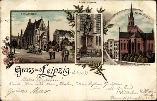 Litho Leipzig in Sachsen, Katholische Kirche, Thomaskirche, Leibniz Denkmal