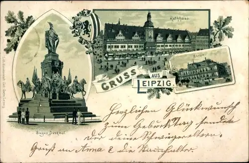 Litho Leipzig in Sachsen, Wappen, Börse, Rathaus, Siegesdenkmal