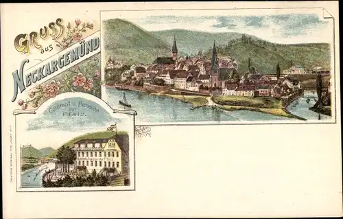 Ak Neckargemünd am Neckar, Gasthof und Pension zur Pfalz, Blick auf den Ort