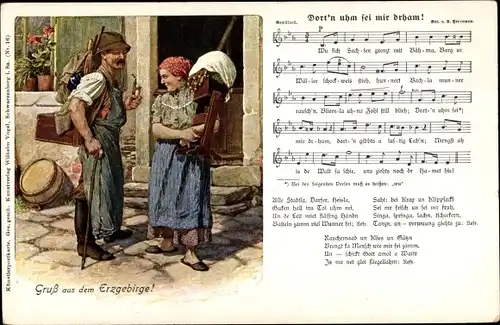 Lied Ak Dort'n uhm sei mir drham, Mann mit Pfeife, Klöpplerin, Erzgebirge, Wilhelm Vogel
