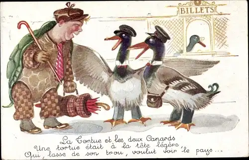 Künstler Ak La Cortue et les deux Canards, vermenschlichte Enten, Ticketschalter