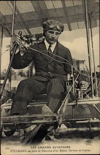 Ak Les Grands Aviateurs, Weymann au poste de Direction d'un biplan Farman de Course, Flugpionier