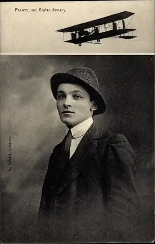 Ak Frantz sur Biplan Savary, Doppeldecker, Pilot