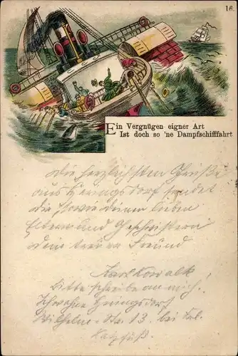 Vorläufer Ak Ein Vergnügen eigner Art ist doch so n Dampfschifffahrt, Dampfer, hoher Seegang, 1894