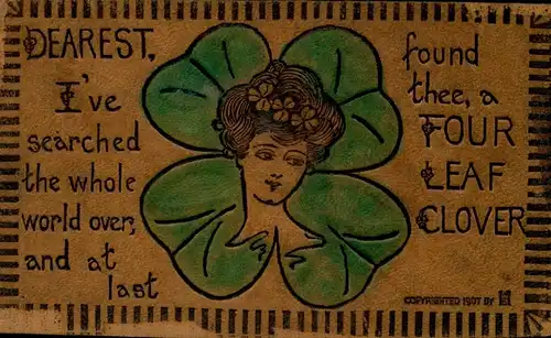 Leder Ak Frauenportrait im vierblättrigen Kleeblatt, Four Leaf Clover