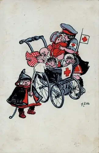 Künstler Ak Zille, Heinrich, Kinder, Rotes Kreuz, Kinderwagen