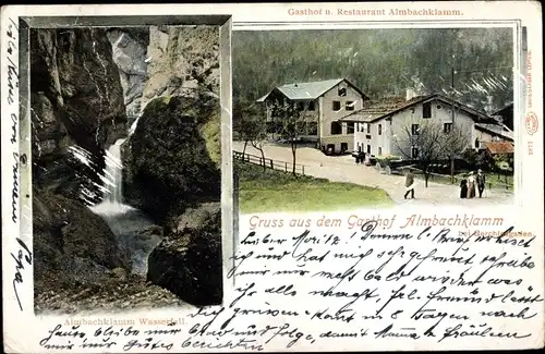 Ak Marktschellenberg Berchtesgadener Land, Gasthof und Restaurant Almbachklamm, Wasserfall