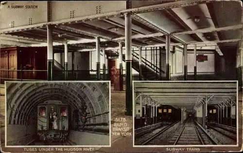 Ak New York City USA, a subway station, tubes under the Hudson River, subway trains