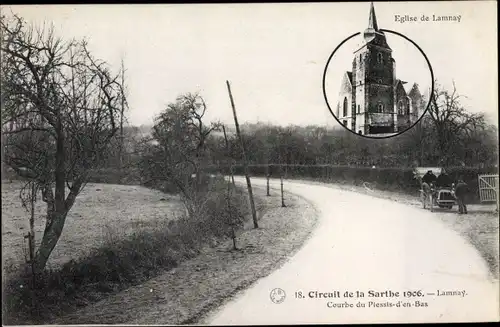 Ak Lamnay Sarthe, Circuit de la Sarthe 1906, L'Eglise, Courbe du Plessis d'un Bas