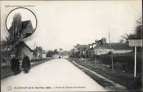 Ak Sceaux sur Huisne Sarthe, Circuit de la Sarthe 1906, L'Eglise, Straßenpartie