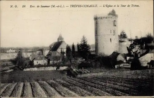 Ak Trèves-Cunault Maine et Loire, l'Église et la tour de Trèves