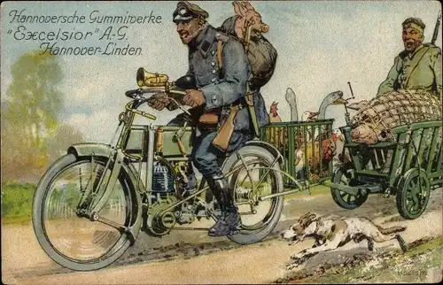 Künstler Ak Schütz, H., Hannoversche Gummiwerke Excelsior AG Hannover Linden, Motorrad