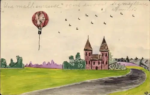 Handgemalt Briefmarken Ak Heißluftballon, Ortsansicht