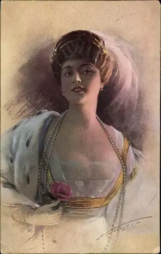 Künstler Ak Portrait einer eleganten Frau, Perlenkette