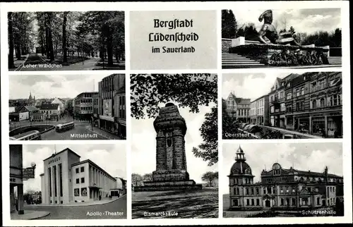 Ak Lüdenscheid im Märkischen Kreis, Schützenhalle, Bismarcksäule, Oberstadt, Apollo Theater