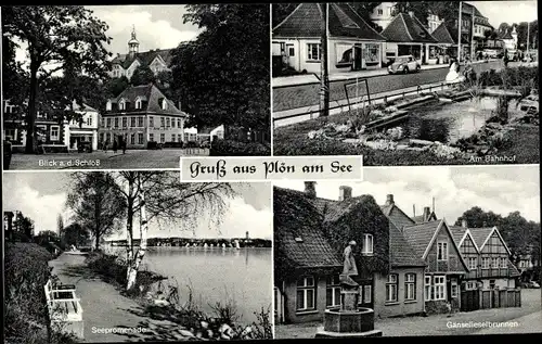 Ak Plön am See Holstein, Schloss, am Bahnhof, Seepromenade, Gänselieselbrunnen