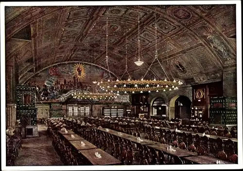 Ak München Bayern, Hofbräuhaus München, Innenansicht, Kronleuchter, Wandfresko